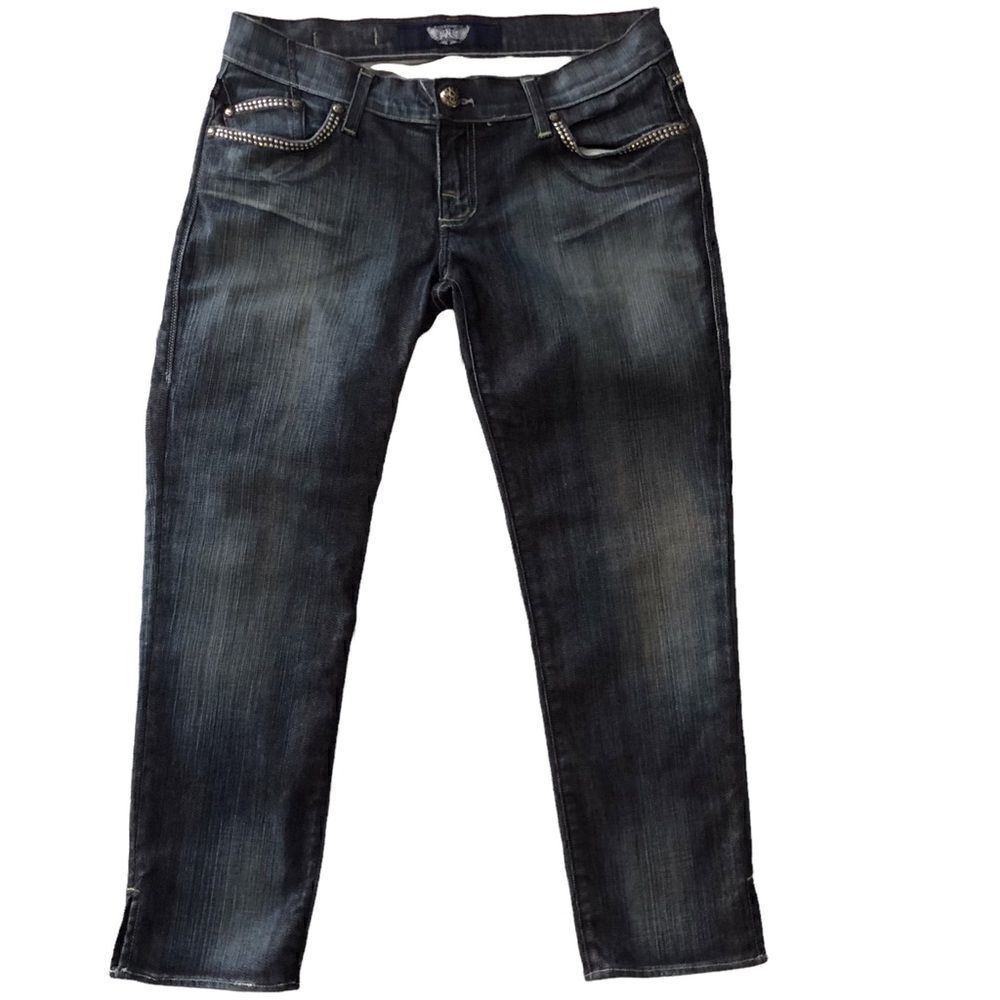 Rock & Republic Crystal Studded Distressed Dark Wash Cropped Jeans